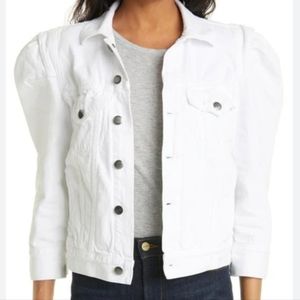 FRAME Rosette Puff-Sleeves Denim Jacket Rumbled Blanco White Size Large
